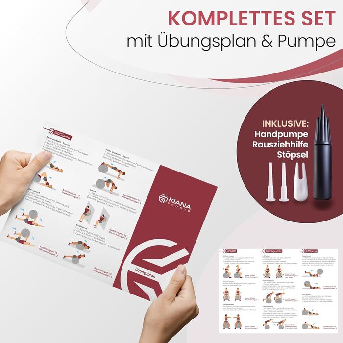 Гімнастичний м'яч KIANA SPORTS® для фітнесу та офісу - 4 розміри, з неслизькою поверхнею, з насосом та планом тренувань, XL (для зросту від 180 см), Бордовий