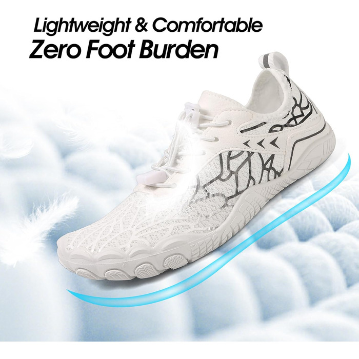 Жіночі босі барфути, водяні черевики з п'ятипалою підошвою, антиковзаюча поверхня, швидковисихаюча система дренажу, легкі босі черевики для багатоцільових активностей, білий/блакитний, 36-47 EU (Whiteblack 811, 43 EU)