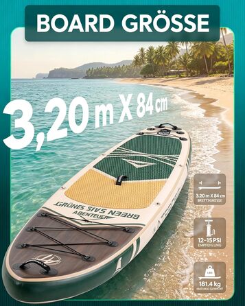 SUP дошка для плавання стоячи з сидінням та аксесуарами, 320x84 см, зелений (Waldgrün-Holz), вантажопідйомність 200 кг, для 2 осіб
