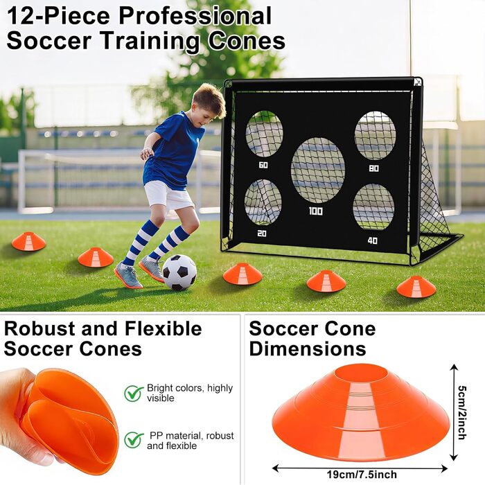 Дитячі ворота для футболу 2-в-1, 150x120 см, портативні та стабільні, 5 цілей, 4 анкера, сумка, для саду, парку, пляжу, чорний