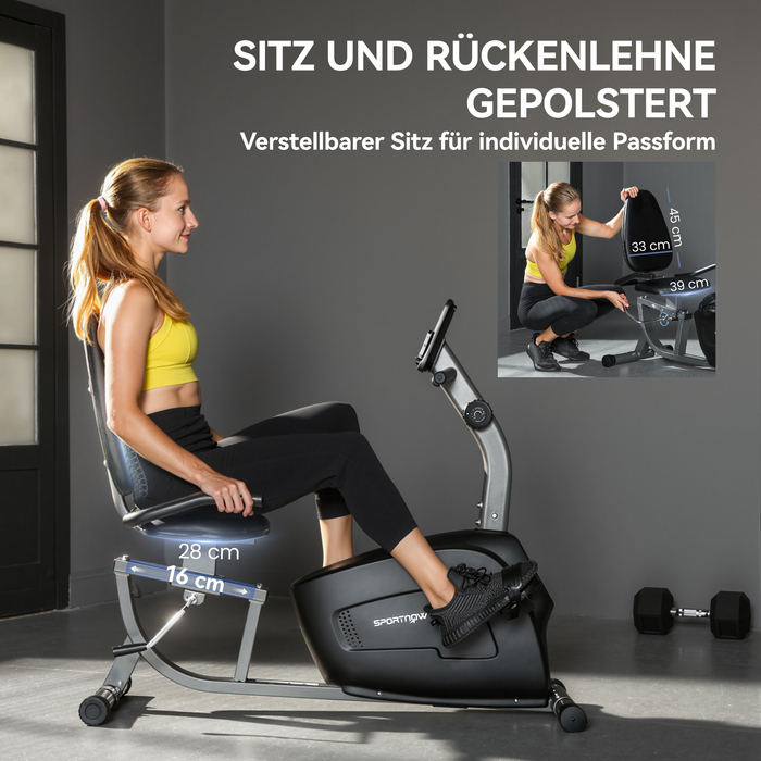 Велотренажер, магнітний лежак, 8 рівнів опору, регульований, РК-дисплей, метал, пластик, чорний