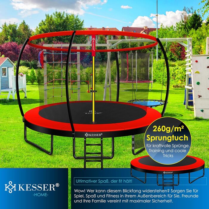 Трамплін KESSER® Ø 244/305/366/427 см | Сертифікований TÜV Rheinland | Для дітей, до 150 кг | Комплект з сіткою безпеки (366 см, Червоний/Чорний)