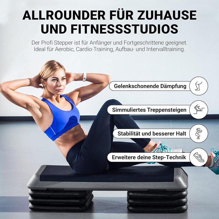 Сходинка-платформа для фітнесу Steppbrett Professional з постером для вправ + додаток Work Out (безкоштовно) | 3-рівнева регулювання висоти, студійний степер
