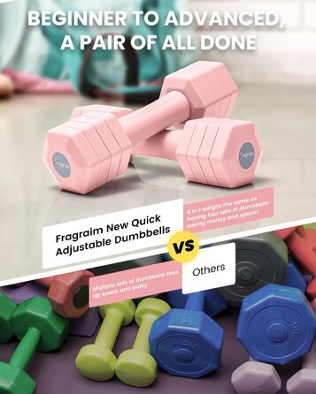 Набір гантелей Fragraim регульовані, 4.54 кг, 4-в-1, для жінок та чоловіків, з м'якими TPR-ручками, для дому, рожевий