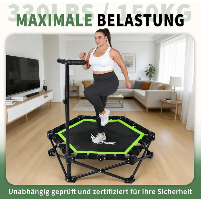 Складаний фітнес-батут для дому з регульованою ручкою, навантаження до 150 кг, Ø 86.5 см, для дорослих та дітей (Зелений)