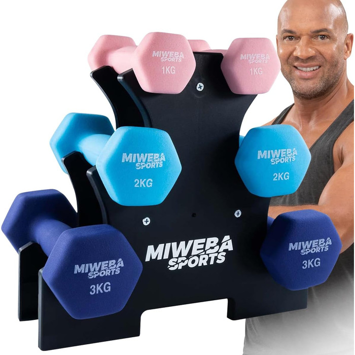 Набір гантелей Miweba Sports NKH120 неопрено-вініловий, 1/2/3 кг, гексагональні, з підставкою, рожеві/бірюзові/сині