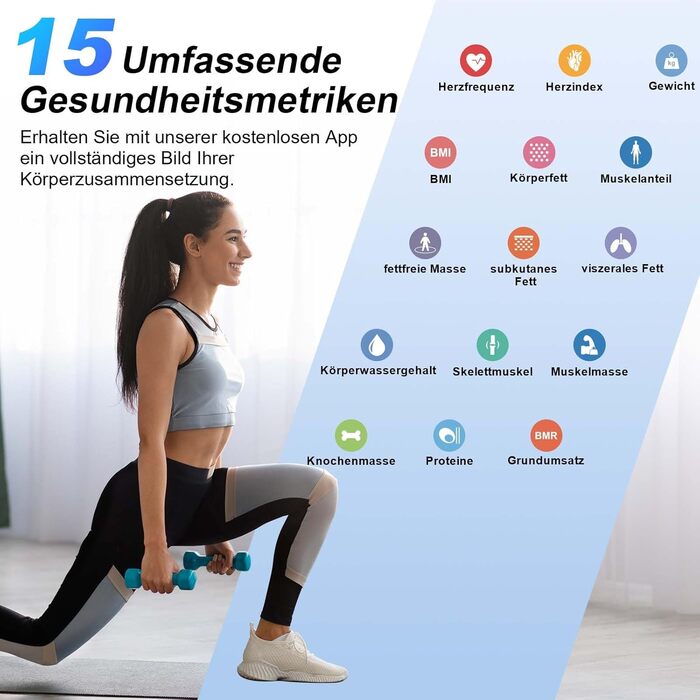 Ваги Healthkeep для вимірювання складу тіла: жир, м'язи, BMI, частота серця. Цифрова вага з дисплеєм, сумісна з iOS та Android. 15 показників, APP.