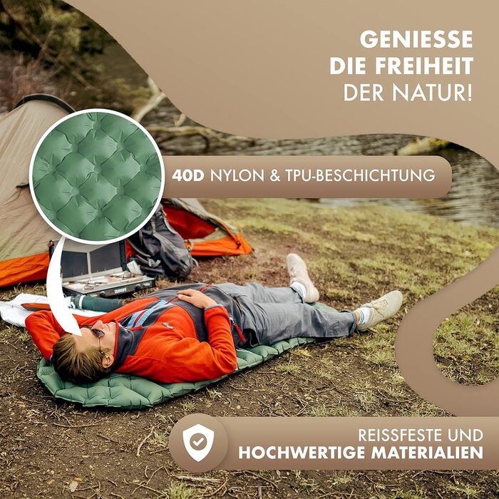 Килимок туристичний надувний NaturBummler® Cloud Nap+ (195x56 см) – для кемпінгу, трекінгу, фестивалів. Легкий, водонепроникний, компактний, зелений.