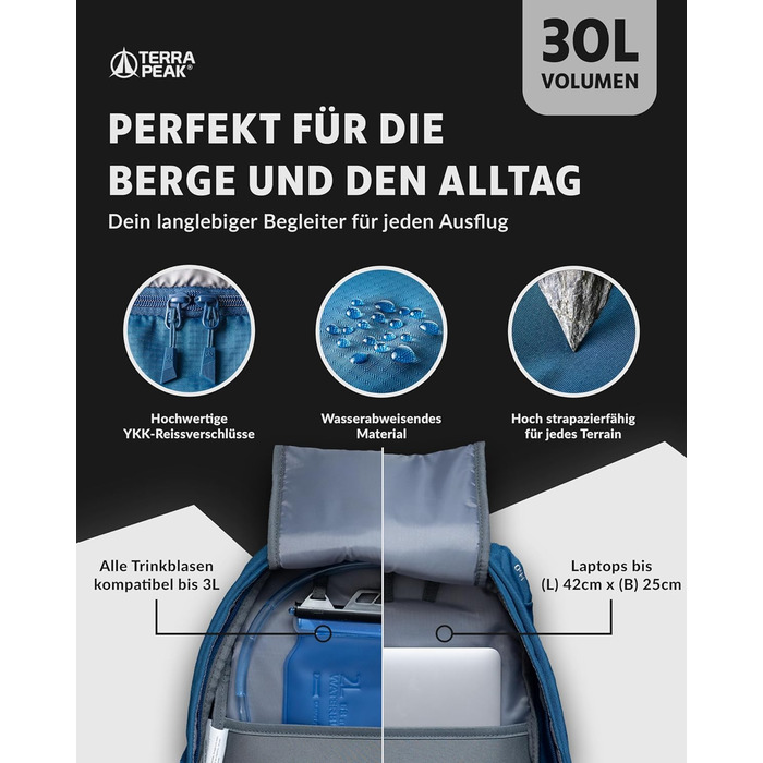 Туристичний рюкзак Terra Peak Flex 30L з вентиляцією спини, дощовиком і тримачем для питної системи – середній преміум-рюкзак для походів, 3D Air Mesh, поясний ремінь