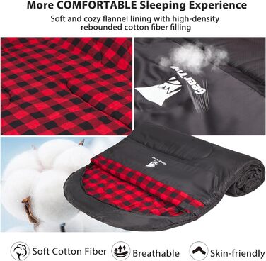 Спальний мішок GEERTOP XXL 4 сезони, фланель, 220x100 см, для дорослих, кемпінг, подорожі, туризм (чорний з червоною клітинкою)