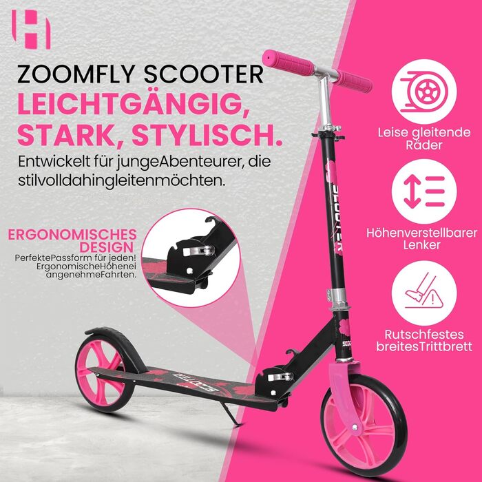 Дитячий ролер Habib Kickroller – складний, регульована висота, великі колеса, до 80 кг, для міста (рожевий)