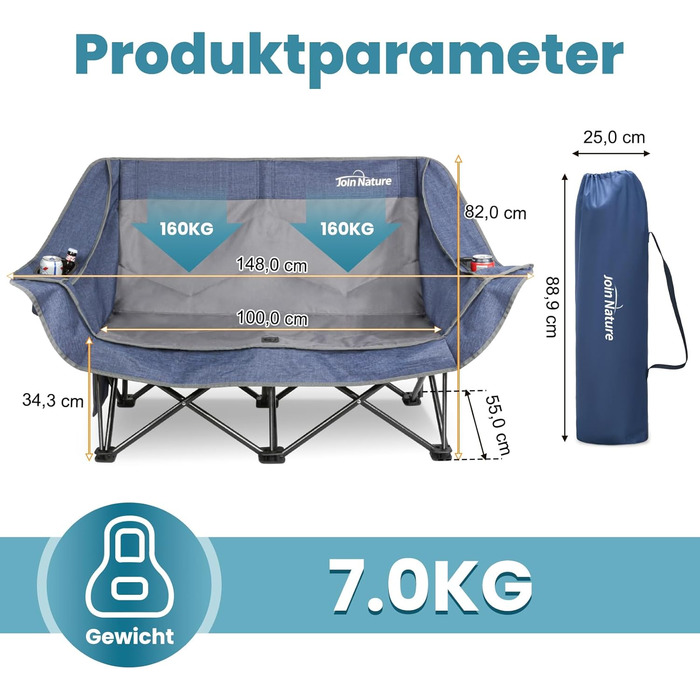 Кемпінговий диван-ліжко Duo Deluxe для 2 осіб, 320 кг, низька посадка, блакитний