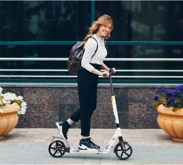 Дитячий складаний самокат з великими колесами 200 мм, дискові гальма, регульована висота, з ремінним ременем, для дітей 8-15 років (Білий)