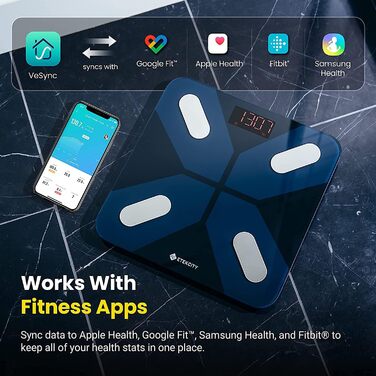 Etekcity Bluetooth вага-аналізатор жиру, цифрова вага для тіла з розумним додатком, вимірює вагу, жир, ІМТ, м’язову масу, воду, білок, до 180 кг, батарейки, чорна