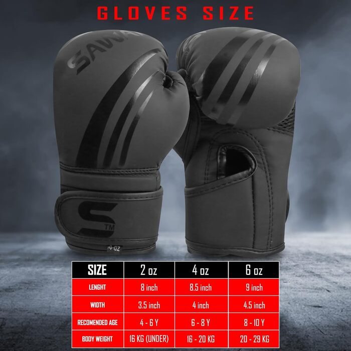 Боксерські рукавички для дітей Sawans: тренування, MMA, кікбоксинг, муай-тай, 6 унцій, чорний колір