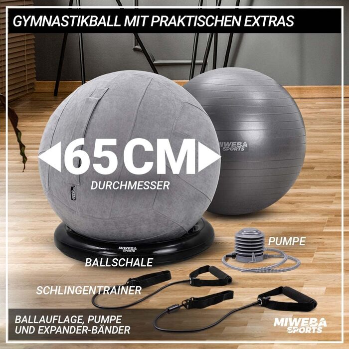 Miweba Sports 4-в-1 набір для гімнастики: гімнастичний м'яч 65 см, навантаження до 500 кг, ПВХ, петльовий тренажер, сидіння для офісу, ергономічний фітбол, альтернатива офісному стільцю, сірий