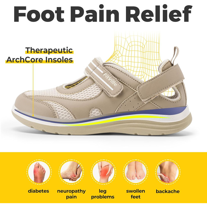 Стріпки FitVille для жінок - широкі сандалії для літа, догляд, Mary Jane з липучкою (36 EU, Хакі)