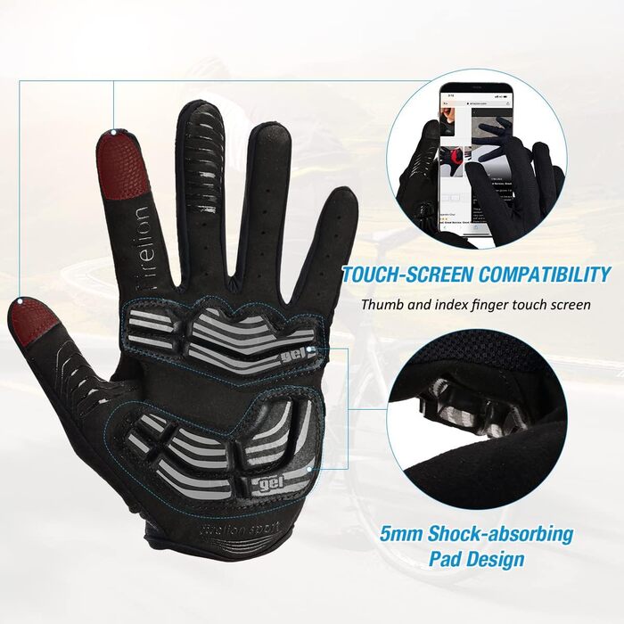 Велосипедні рукавички FIREION для чоловіків та жінок, захисні рукавички для MTB, DH, шосейної їзди, з підкладкою, сенсорні, антишокові, чорні (XXL)