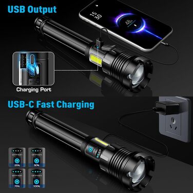 Ліхтар Glarylight LED акумуляторний, 990000 люмен, надпотужний, 24 години роботи, 9 режимів, Zoom, IPX7, водонепроникний, для кемпінгу та надзвичайних ситуацій