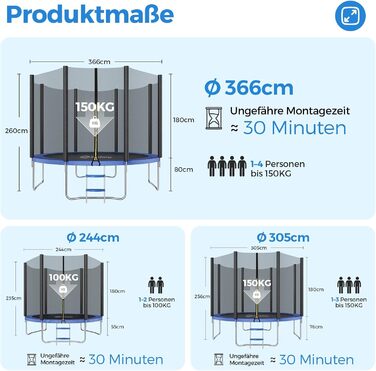 Трамплін Sekey Outdoor 244/305/366 см - сертифікований TÜV Rheinland GS, дитячий, для саду з безпечною драбиною, посиленим захисним сіткою та захисним бордюром (Блакитний, 366 см/12 футів)