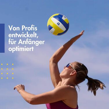 М'яч для волейболу Momevo на пляж, розмір 5, сертифікований DVV, м'яка поверхня, ідеальний для пляжного та пісочного спорту, у подарунчому наборі з насосом (блакитно-біло-жовтий)