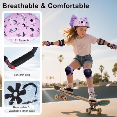 Дитячий шолом Kinder для дівчаток 8-14 років з повним захистом: наколінники та налокітники. Регульований шолом для ролера, велосипеда, скейтборда. Фіолетовий, 52-58 см