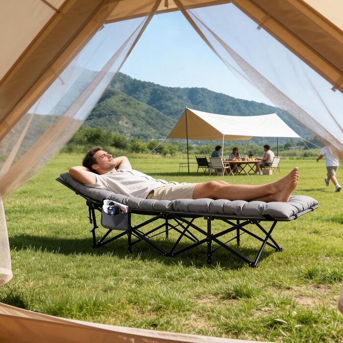 Розкладне ліжко Sekey для кемпінгу XXL, 190 x 71 x 35 см: міцний каркас зі сталі, якісна тканина Oxford, з матрацом, ідеально для гостей, кемпінгу та саду