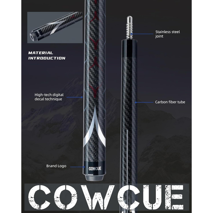 Більярдний кий CRICAL з карбону, 147,3 см, професійний, з'єднання 3/8 x 8, наконечник 12,5 мм, COWCUE-02