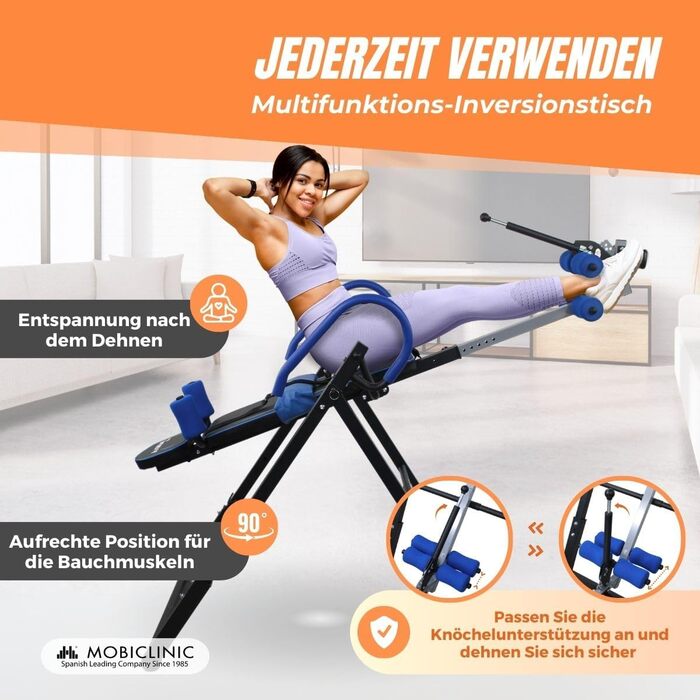 Інверсійний стіл Mobiclinic Fitness, складаний, сталевий, з регулюванням нахилу до 180°, до 120 кг, з подушкою для попереку та підголівником, 4 системи безпеки, для розтяжки та вправ на прес