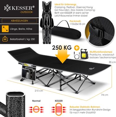 Кемпінг ліжко KESSER® розкладне, металеве, чорне, 210 см, з сумкою та ліхтарем