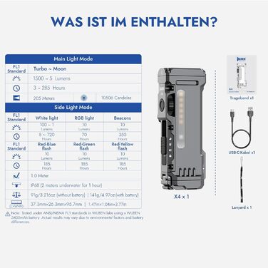 WUBEN X4 Mini LED ліхтарик з RGB підсвічуванням, компактний акумуляторний ліхтарик 1500 люменів, EDC тактичний ліхтарик IP68, для кемпінгу, подарунок, надзвичайна ситуація (сірий)