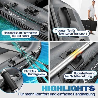 Надувний човен KESSER® Wave 230-320 см (комплект 6 в 1): човен, лавка, насос, весла, ремкомплект, сумка. Можливість встановлення мотора, для солоної води, антрацит.