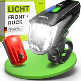 Велофара Velmia: комплект ліхтарів StVZO з USB-живленням та 8,5 годин роботи | LED, водонепроникний, перезаряджається | Фронтальний + задній ліхтар (70 Lux)