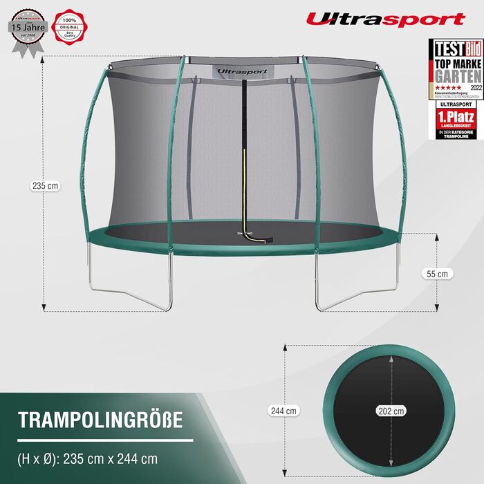 Трамплін Ultrasport Deluxe: Ø 244/305/366/430 см, сертифікований TÜV Rheinland, повний комплект, круглий для саду, з м'якими стійками, сіткою безпеки та захисним бордюром