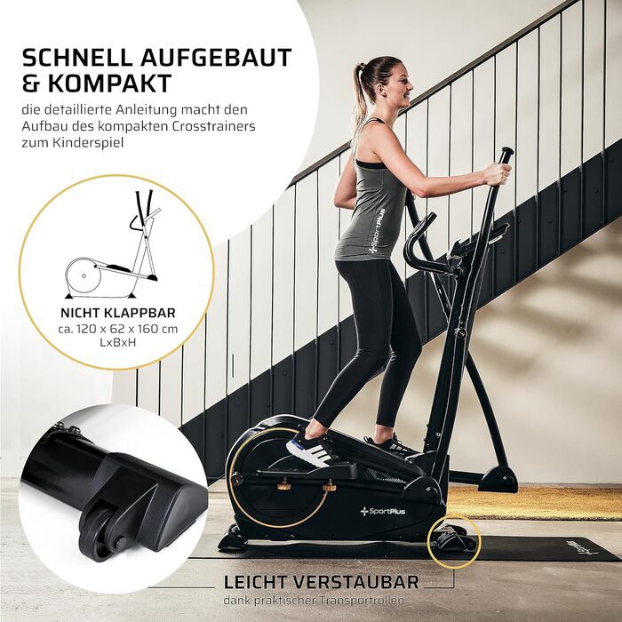 Еліптичний тренажер SportPlus для дому - тихий крос-тренажер з магнітним опором та комп'ютером - компактний та щадячий для суглобів з 24 рівнями опору - до 150 кг, чорний/сонячний (сумісний з додатком & новий дизайн)