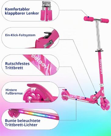 Дитячий самокат BELEEV V1Plus з LED-підсвіткою коліс та деки, складаний, з регулюванням висоти, для дітей 3-12 років (Hot Pink)