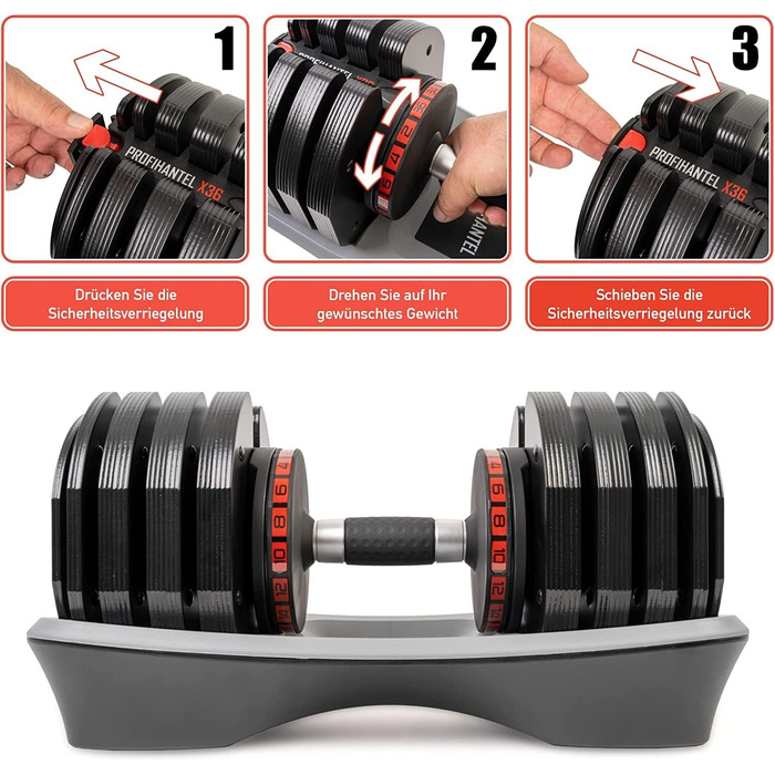 Професійний набір гантелей Profihantel X36 з регулюванням ваги | 2-36 кг | Зручна система кріплення | Комплект з підставками