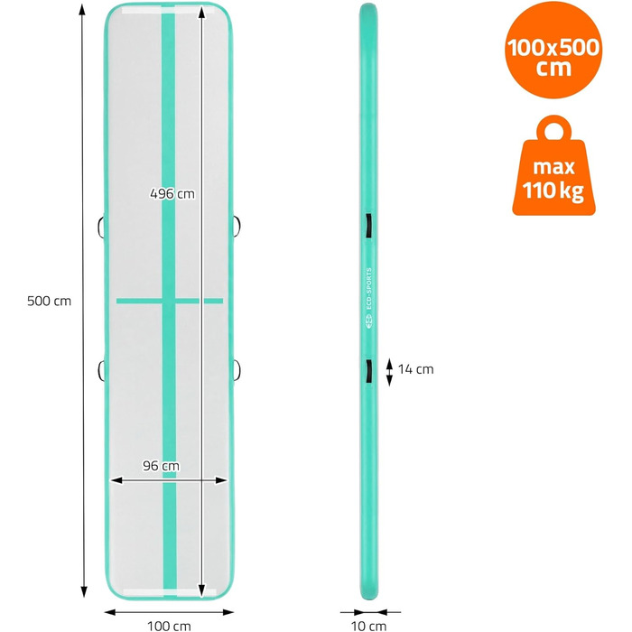 Гімнастичний мат Airtrack ECD Germany для тумблінгу та фітнесу, надувний мат для гімнастики 500x100x10 см, м'ятно-зелений, з електричним насосом та сумкою
