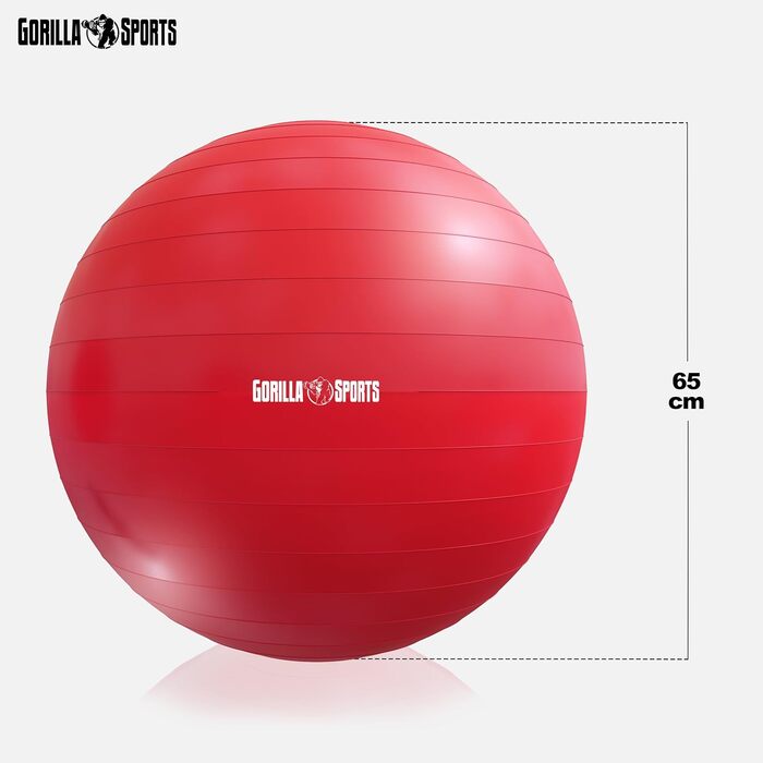 Фітнес м'яч GORILLA SPORTS 65 см червоний – анти-вибуховий, до 500 кг, для йоги, фітнесу, офісу, з насосом