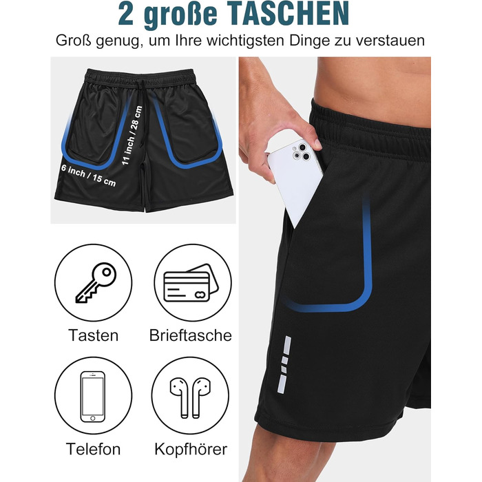 Шорти спортивні чоловічі літні швидка сушка. Короткі шорти для бігу, залу, баскетболу, джогінгу з кишенями. Чорний/Чорний/Темно-сірий/Морська хвиля/Світло-сірий