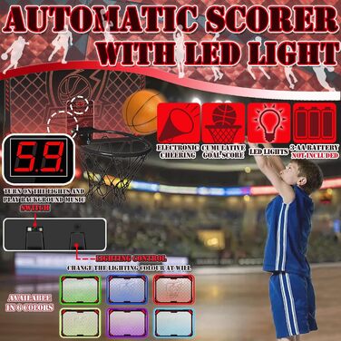 Дитячий баскетбольний кошик STAY GENT Mini з LED-підсвіткою, автоматичним лічильником, 4 м’ячами, для кімнати, дверей, офісу та дому