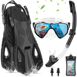 Набір для снорклінгу для дорослих, 7 предметів: маска, трубка, ласти, чохол для телефону, затички для вух, сумка. Чорний S/M