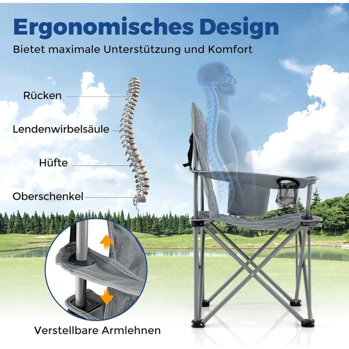 Крісло для кемпінгу Costway XXL, 227 кг, з підлокітниками та кишенею для напоїв, сіре