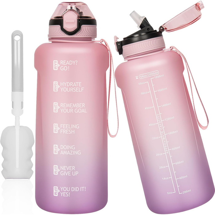 DEARRAY Спортивна пляшка 2 л Tritan з трубочкою та часовою розміткою, BPA-free, для води, мотиваційна, для фітнесу та спортзалу, рожево-фіолетова