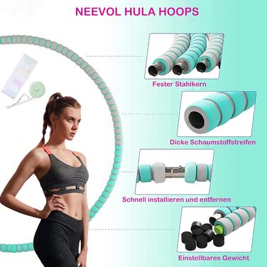 Hula Hoop NEEVOL для дорослих: фітнес, 1 кг, регульована вага, 8 вузлів (зелений)