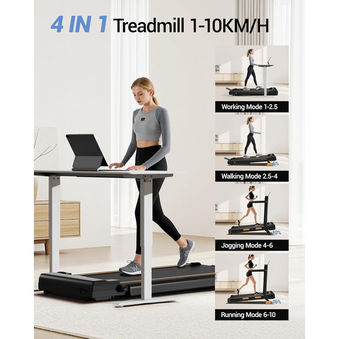 Біговий тренажер UMAY для дому, складаний, з нахилом 16%, 10 км/год, з пультом ДУ, LED-дисплеєм, з поручнями, потужність 2.5CV, максимальне навантаження 136 кг, 4 в 1