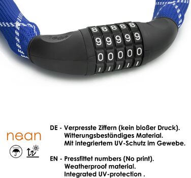 Надійне велозамок Nean з кодом, 6x6x900 мм, сталевий ланцюг, синій