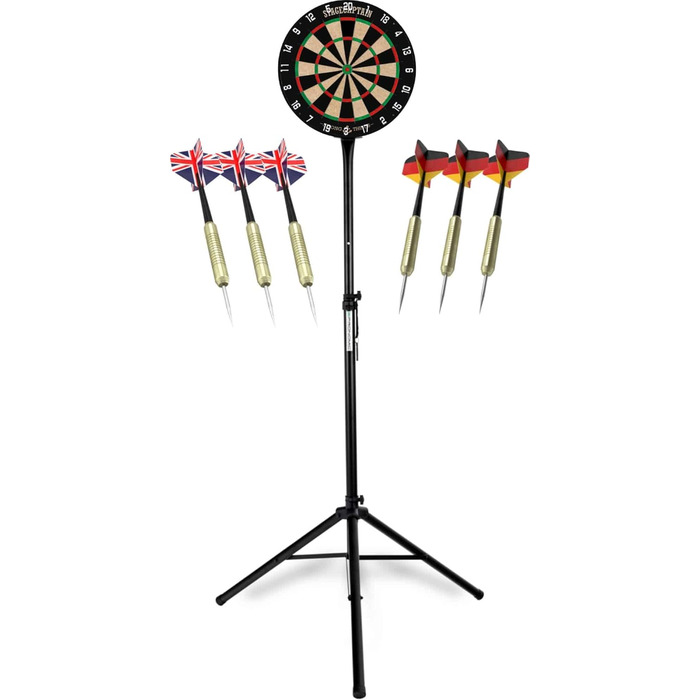 Дартс набір Stagecaptain DBS-1715C Bullseye Champion – професійна стілдардс дошка з сизалю, регульована стійка зі сталі, 6 дротиків, 4 комплекти крилець