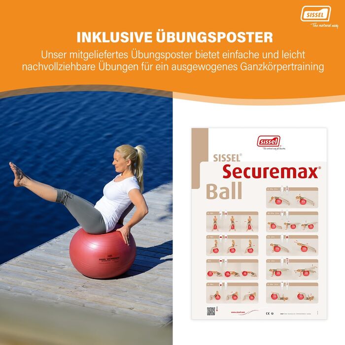 Гімнастичний м'яч SISSEL SECUREMAX 55 см, до 500 кг, PVC, для фітнесу та терапії, з постером, червоний