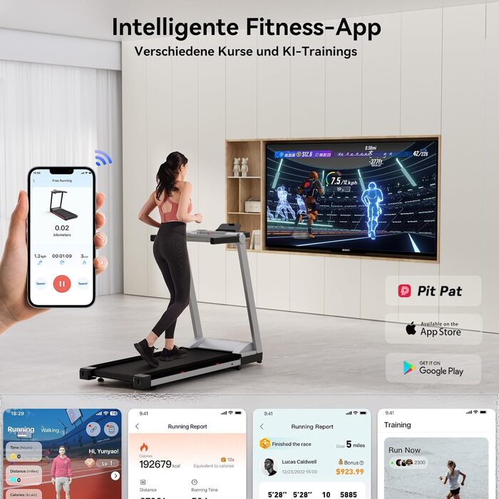 Лякуффі Raceable Walking Pad: Керування через додаток, AI-тренування, для використання під столом, до 136/159 кг, сумісний з Wearable Devices, срільно-чорний